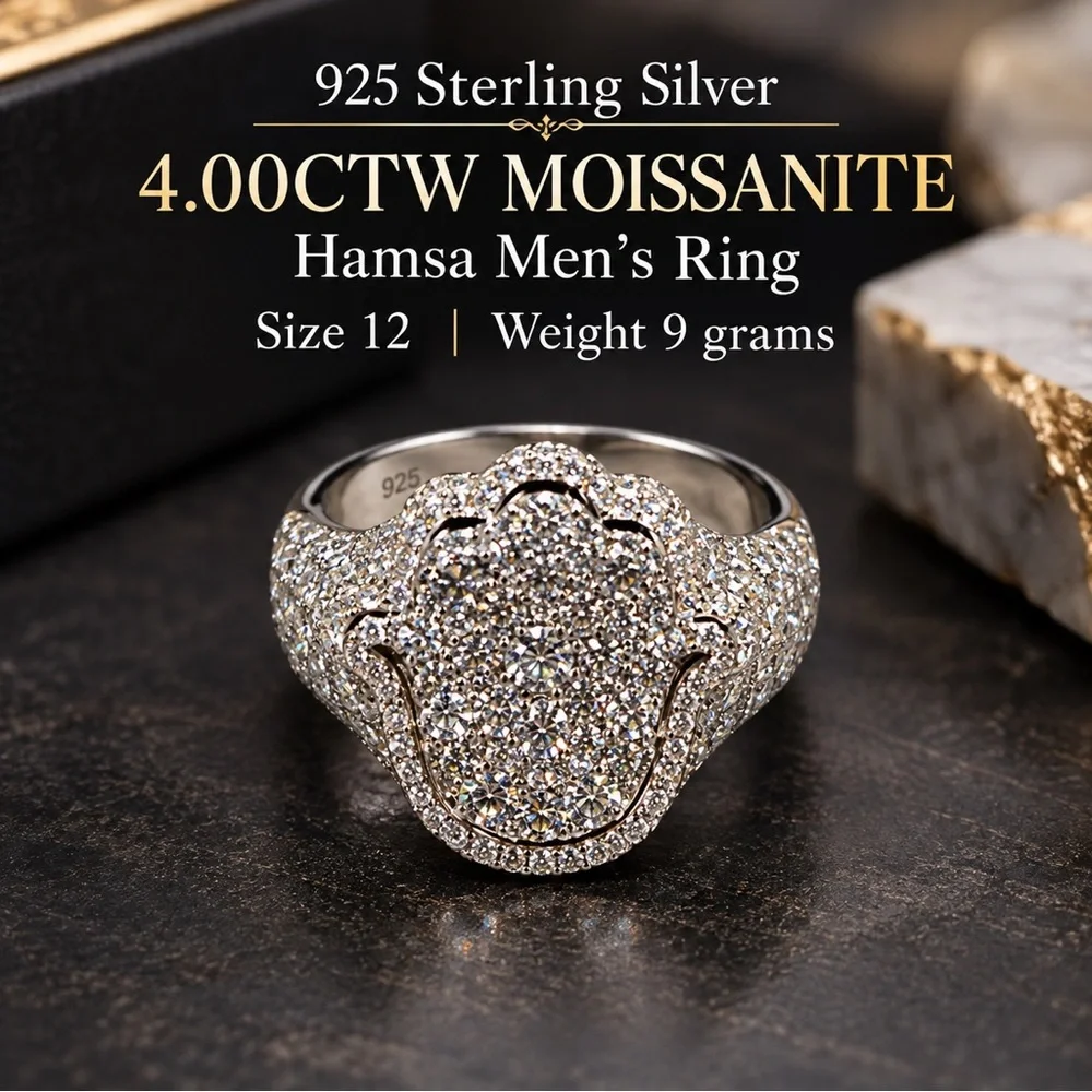 925 Sterling Silver 4.00CTW MOISSANITE Hamsa Men’s Ring Size 12